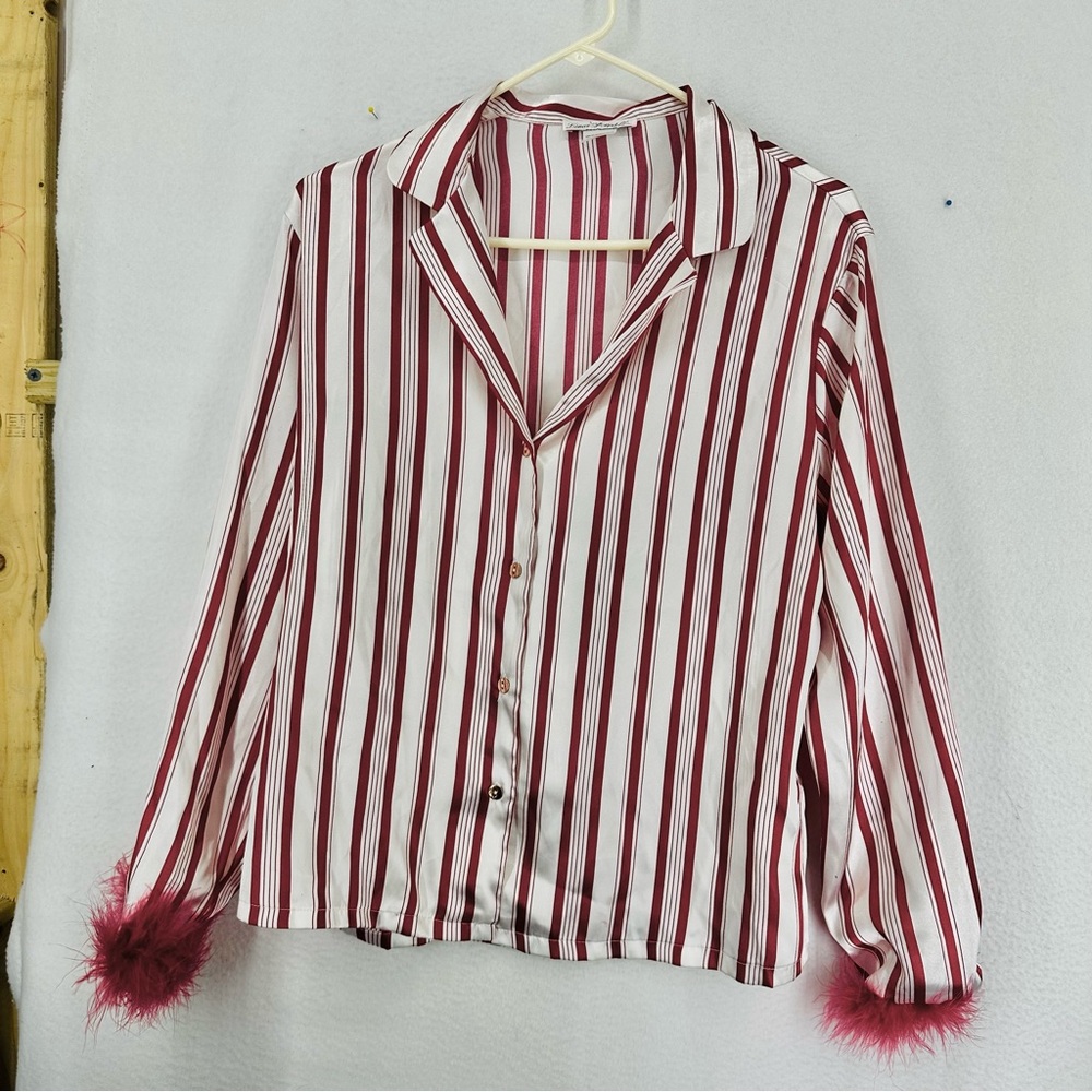 Linea Donatella‎ Striped Pajama Button Down Long Sleeve Top Medium Red